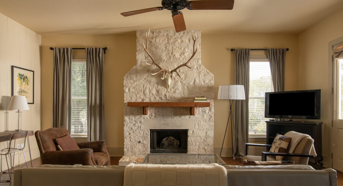 Original Stone Fireplace in Juniper Cottage Living Room